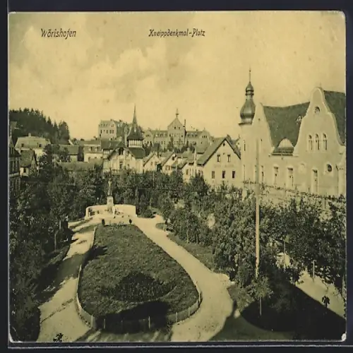 AK Wörishofen, Kneippdenkmal-Platz im Kurort