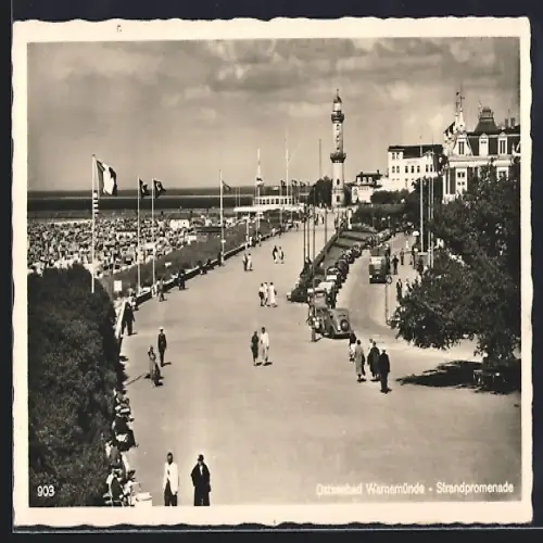 AK Warnemünde, Strandpromenade mit Leuchtturm