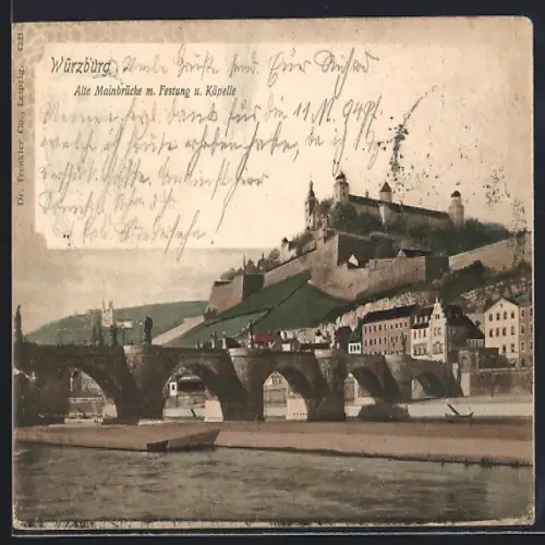 AK Würzburg, Alte Mainbrücke m. Festung und Kapelle
