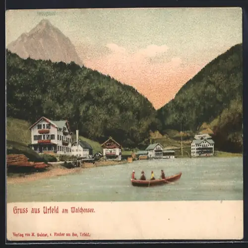 AK Urfeld am Walchensee, Ortspartie mit Ruderboot