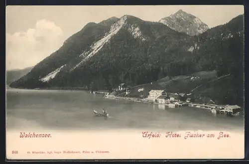 AK Urfeld / Walchensee, Blick zum Hotel Fischer am See, Boot