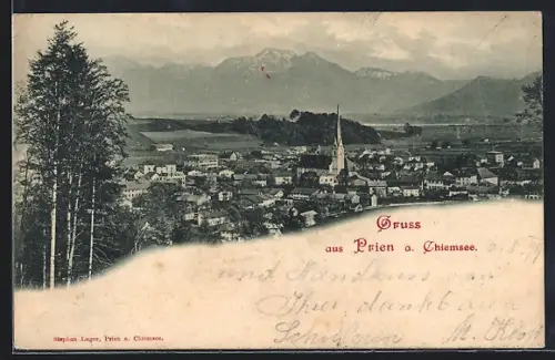 AK Prien am Chiemsee, Ortsansicht mit Alpenpanorama