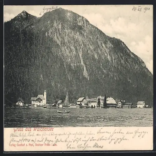 AK Walchensee, Ortsansicht mit Bergpanorama