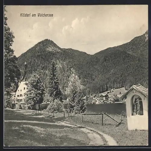 AK Klösterl am Walchensee, Ortsansicht mit Kapelle