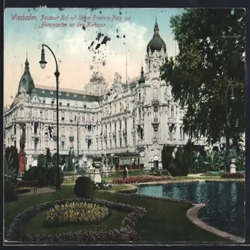 AK Wiesbaden, Nassauer Hof mit Kaiser-Friedrich-Platz und Blumengarten