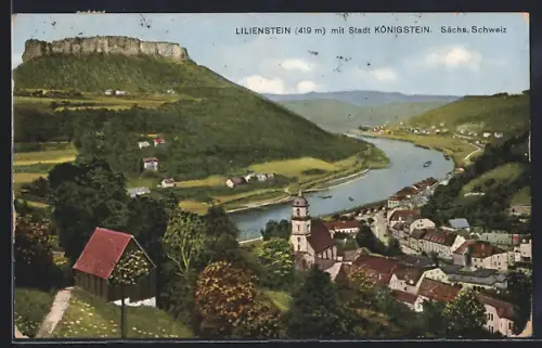 AK Königstein / Elbe, Ortsansicht mit Blick auf Lilienstein