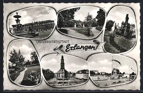 AK Erlangen, Springbrunnen, Parkanlage, Kirche