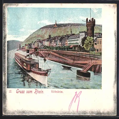 AK Rüdesheim / Rhein, Flusspartie mit Ausflugsdampfer