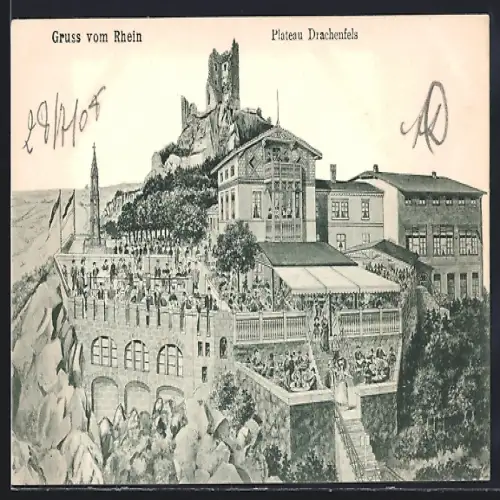 AK Drachenfels, Plateau Drachenfels mit Restaurant und Besuchern