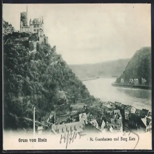 AK St. Goarshausen, Ortsansicht und Burg Katz