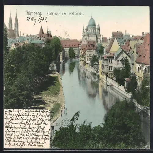 AK Nürnberg, Blick nach der Insel Schütt, Synagoge