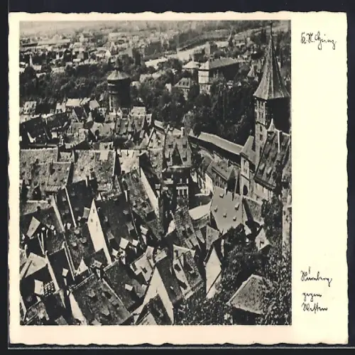 AK Nürnberg, Stadtansicht aus der Vogelschau