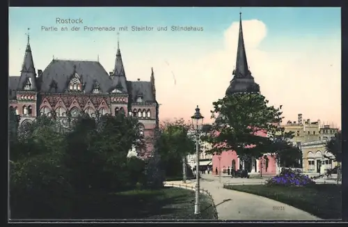 AK Rostock, Partie an der Promenade mit Steintor und Ständehaus
