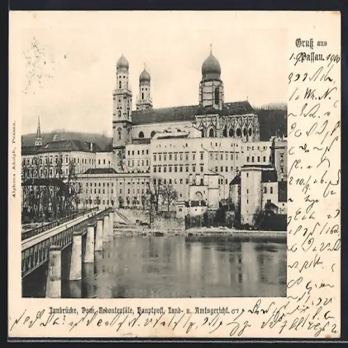 AK Passau, Innbrücke, Dom, Hauptpost