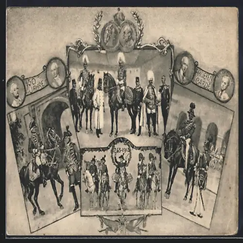 AK 150 Jahre Arcieren-Garde, Gardisten in historischen Uniformen, Kaiser Franz Joseph I. von Österreich