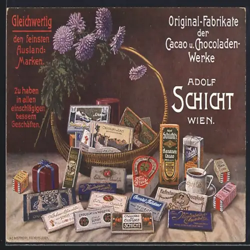AK Wien, Cacao und Chocoladen-Werke Adolf Schicht, Korrespondenzkarte, Sortiment