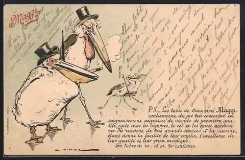 Künstler-AK Vermenschlichte Pelikane in Hüten mit Maggi-Reklame
