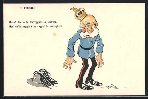 Künstler-AK Il Terrore, Kaiser Franz Josef I. von Österreich erschreckt vor einem Bersaglieri-Hut