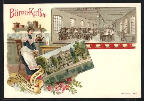 Lithographie Berlin, Reklame für Bären-Kaffee, Lese-Saal, Frau mit Kaffeemühle