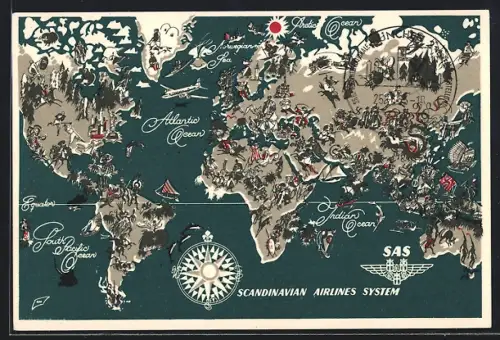 AK Scandinavian Airlines System, Landkarte mit Atlantischem Ozean, Indischem Ozean u. Süd-Pazifischem Ozean