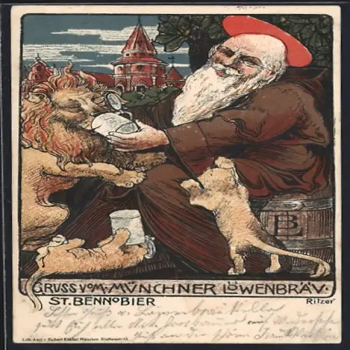 Künstler-AK München, Werbung der Löwenbräu-Brauerei für St. Benno Bier