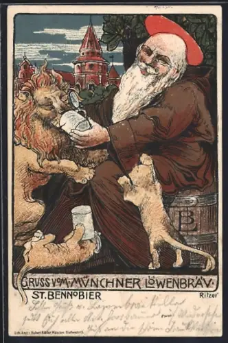 Künstler-AK München, Werbung der Löwenbräu-Brauerei für St. Benno Bier