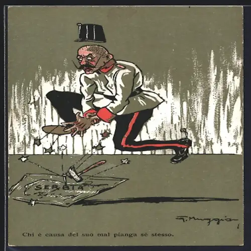 Künstler-AK sign. G. Muggiani: Kaiser Wilhelm II. schlägt sich einen Nagel in die Hand