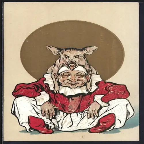 Künstler-AK Zirkus-Clown mit Schwein auf dem Kopf