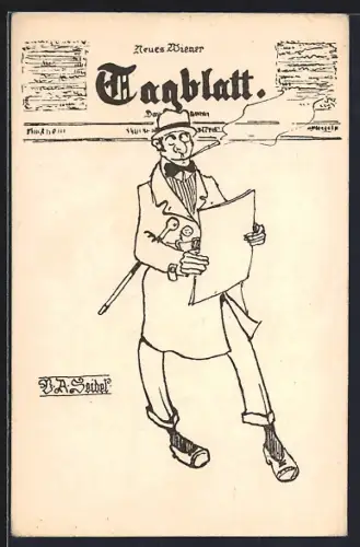 Künstler-AK Ein vornehmer Herr mit dem Neuen Wiener Tagblatt, Antisemitismus