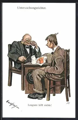 Künstler-AK Carl Josef Pollak: junger Kerl im Beamtenzimmer