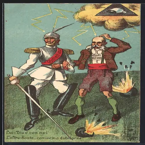 AK Kaiser Franz Josef I. von Österreich und Kaiser Wilhelm II. werden von Gott mit Blitzen beschossen