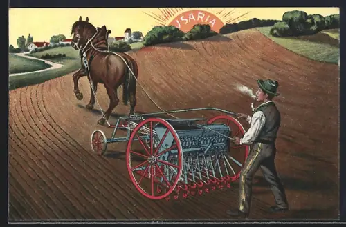 Künstler-AK Reklame für Isaria, Bauer mit Pflug vor aufgehender Sonne