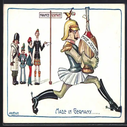 Künstler-AK A.Bertiglia: Karikatur, Kaiser Wilhelm II. trägt Flasche mit Blut nach Hause