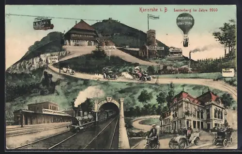 AK Karlsruhe i. B., Lauterberg im Jahre 2000, Hotel und Bahnhof, Heissluftballon und Autos