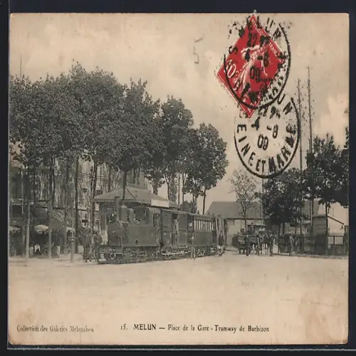 AK Melun, Place de la Gare, Tramway de Barbizon, Kleinbahn