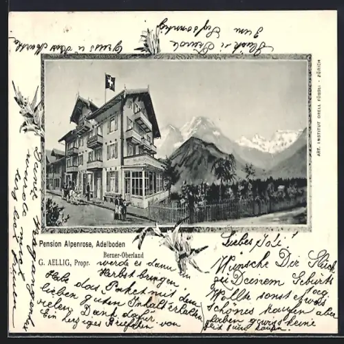 AK Adelboden /Berner-Oberland, Pension Alpenrose mit Bergpanorama, Prop. G. Aellig