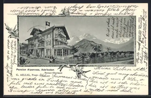 AK Adelboden /Berner-Oberland, Pension Alpenrose mit Bergpanorama, Prop. G. Aellig