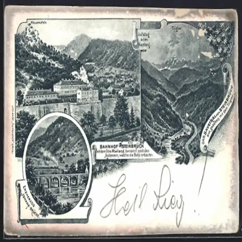 Lithographie Steinbrück /Savethal, Bahnhof, Triglav, Erzherzog Johann-Brücke