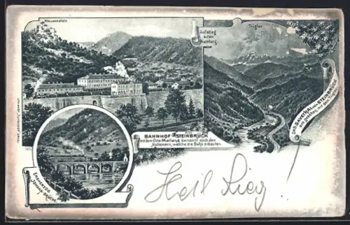 Lithographie Steinbrück /Savethal, Bahnhof, Triglav, Erzherzog Johann-Brücke