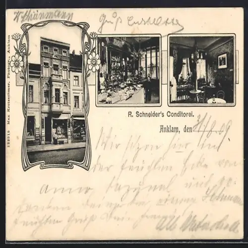 AK Anklam, Café und Conditorei R. Schneider, Innenansichten, Jugendstil-Rahmen