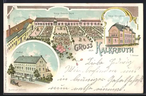 Lithographie Kalkreuth i. Sachsen, Gasthof zu Kalkreuth, Königl. Remonte-Depot, Königl. Administration