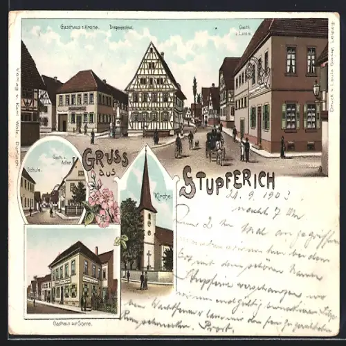 Lithographie Stupferich, Gasthaus zur Sonne, Gasth. z. Adler, Gasth. z. Lamm, Gasth. z. Krone, Kirche