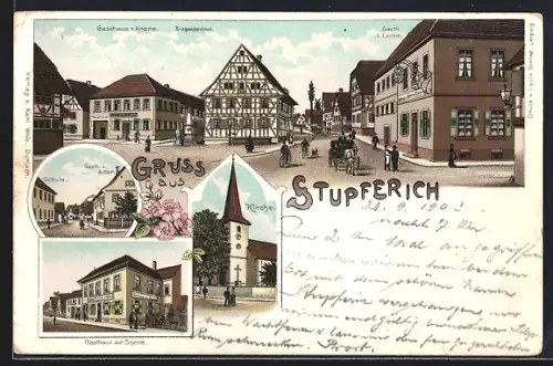 Lithographie Stupferich, Gasthaus zur Sonne, Gasth. z. Adler, Gasth. z. Lamm, Gasth. z. Krone, Kirche