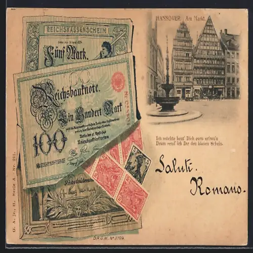 AK Hannover, Am Markt mit Geschäften und Brunnen, Geldscheine