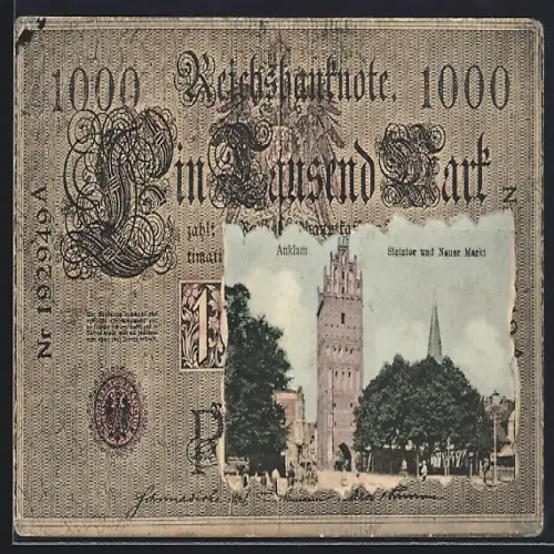 Geld-AK Anklam, Steintor und Neuer Markt in einer Reichsbanknoten-Passepartout