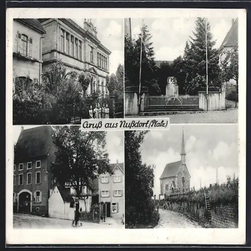 AK Nussdorf /Pfalz, Kirche, Denkmal, Strassenpartie mit Wohnhäusern