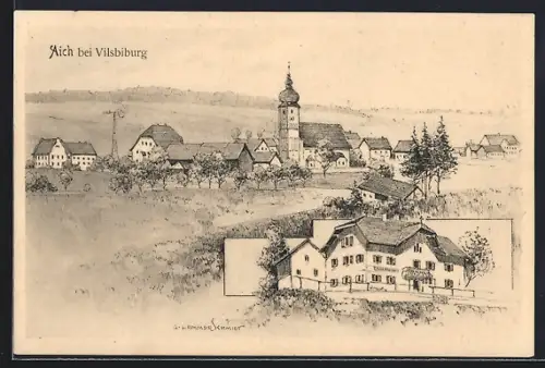 Künstler-AK sign. Hans Pernat: Aich bei Vilsbiburg, Das Gasthaus, Totalansicht