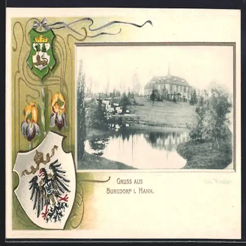 Passepartout-Lithographie Burgdorf i. Hann., Ortspartie mit Teich im Passepartout, Wappen