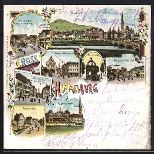 Lithographie Hammelburg, Partie vom Marktplatz, Marmor-Brunnen, Hotel zur Post, Kgl. Bezirks-Rentamt
