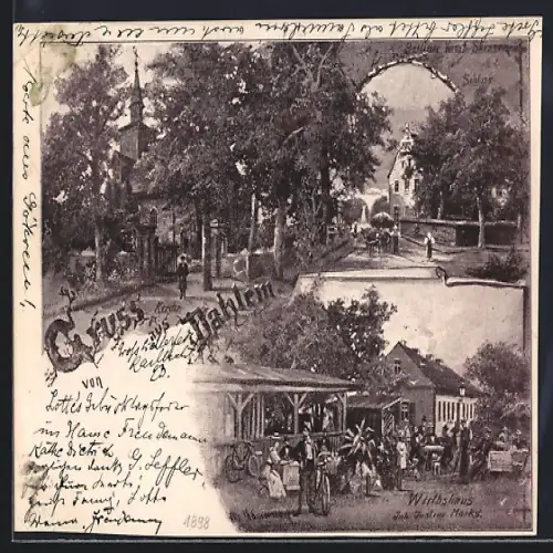 Künstler-AK Dahlem, Kirche, Schloss, Wirtshaus, Inh. Justine Marks
